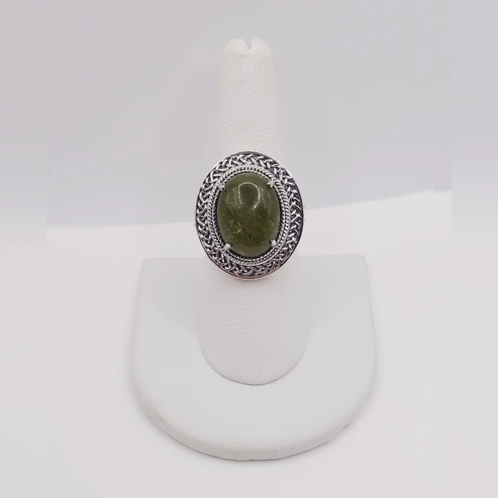 7 Carat Connemara Green Marble 925 Sterling Silver Statement Ring